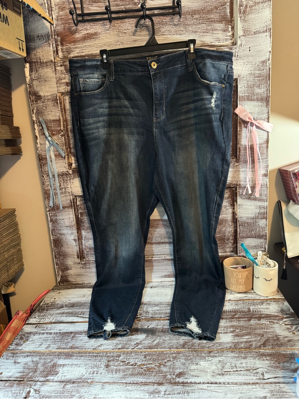 True Craft Women's Dark Indigo Skinny Jeans with Distressed Hem